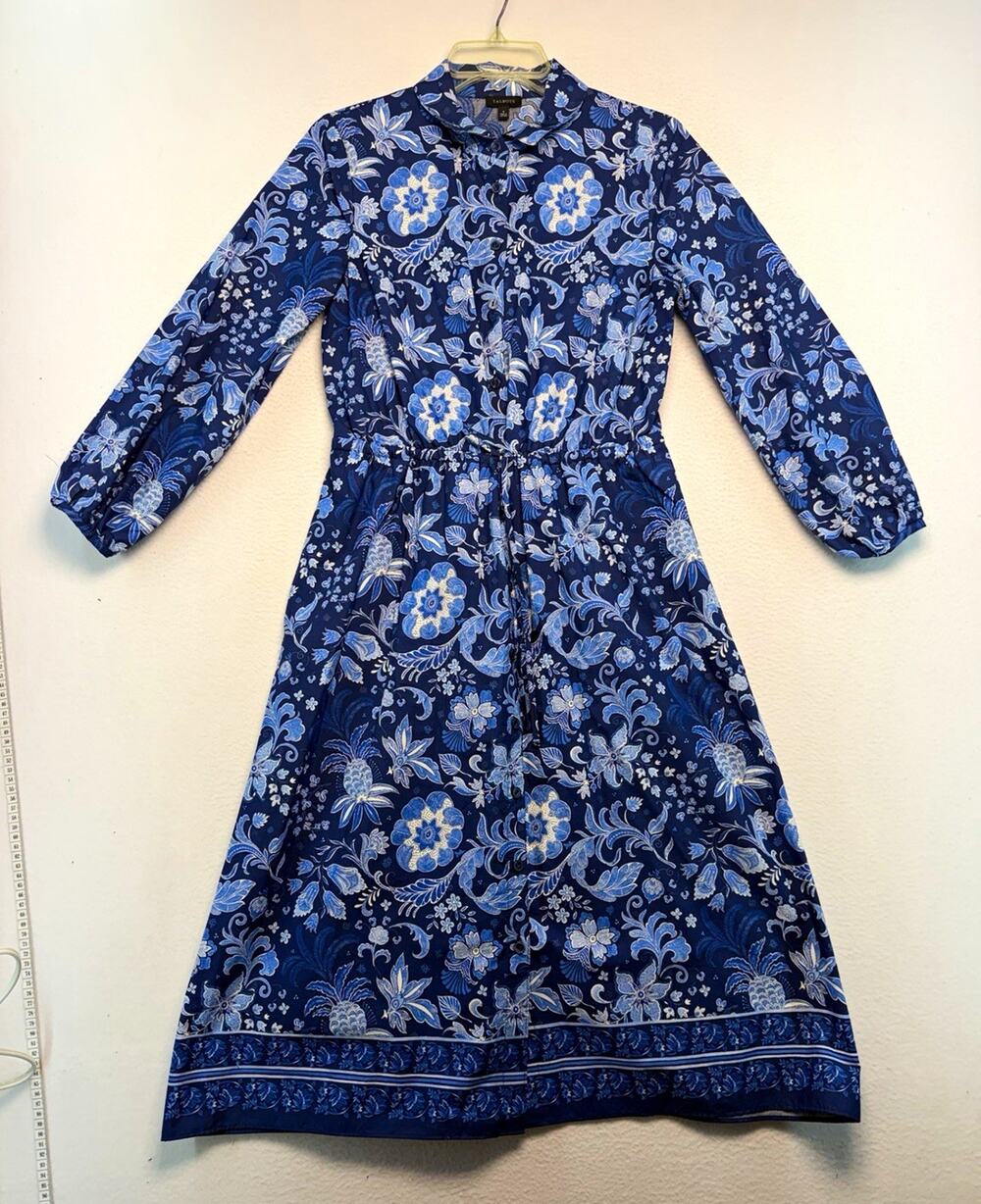 Talbots Women’s 4 Blue White Floral Shirt Dress Midi Collared Button tie waist